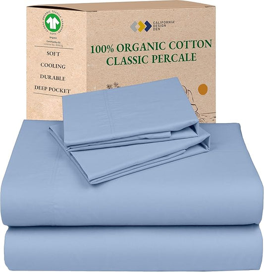 California Design Den Full Size Bed Sheets Set - Soft 100% Organic Cotton Sheets, Crisp and Cool Percale, Deep Pockets with Anti-Skid Elastic, Breathable and Durable Bedding Set - Light Blue
