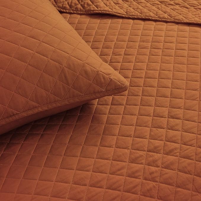 Lush Decor Ava Quilt Diamond Pattern Solid 3 Piece Oversized Bedding Blanket Bedspread Set - Full/Queen - Rust