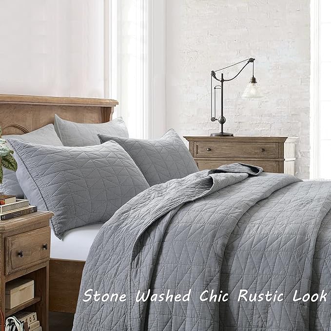 HORIMOTE HOME Quilt Set King Size, Stone-Washed Chic Rustic Grey Coverlet with Classic Triangle Stitched Pattern, Ultra Soft Lightweight Quilted Bedspread for All Season, 3 Pieces