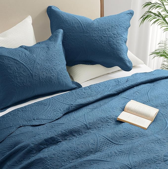 IR Imperial Rooms California King Quilt Bedding Set Size (118"x106") + 2 Pillow Shams (20" x 36"+ 2") - 3 Pcs All Season Reversible Microfiber Coverlet Embossed Floral Quilt Bedspread (Light Blue)