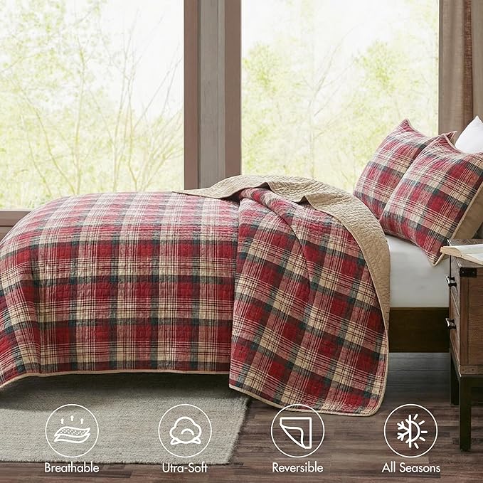 Woolrich Reversible Quilt Cabin Lifestyle Design - All Season, Breathable Coverlet Bedspread Bedding Set, Matching Shams, Oversized Full/Queen, Tasha Plaid Red/Tan 3 Piece