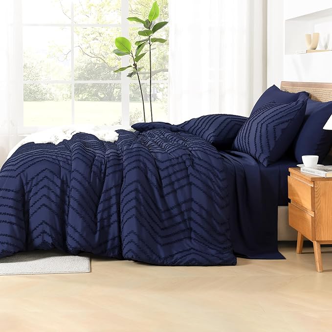 Litanika California King Size Comforter Set with Sheets Navy Blue - 7 Pieces Bed in a Bag Cal King Chevron Tufted Complete Bedding Sets with Comforter, Sheets, Pillowcases & Shams