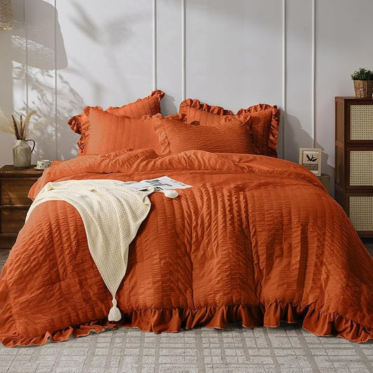 JOLLYVOGUE Burnt Orange Twin Size Comforter Set, 2 Pieces Seersucker Lightweight Fluffy Bedding Set, Twin Ruffle Comforter, All Season Soft Microfiber Shabby Chic Bed Set