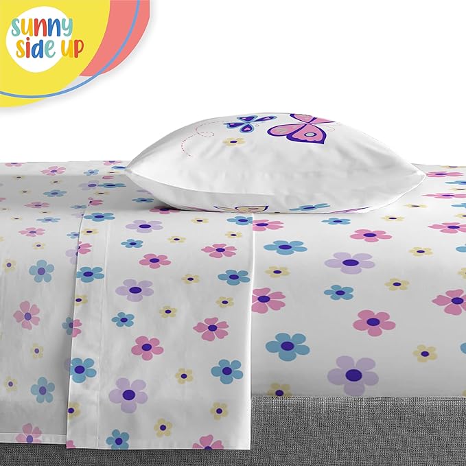 Sunny Side Up Butterfly Toddler Comforter Set - 4 Piece Toddler Bedding Includes Comforter, Sheets & Pillow Cover – Super Soft Purple Floral Microfiber Bed Set