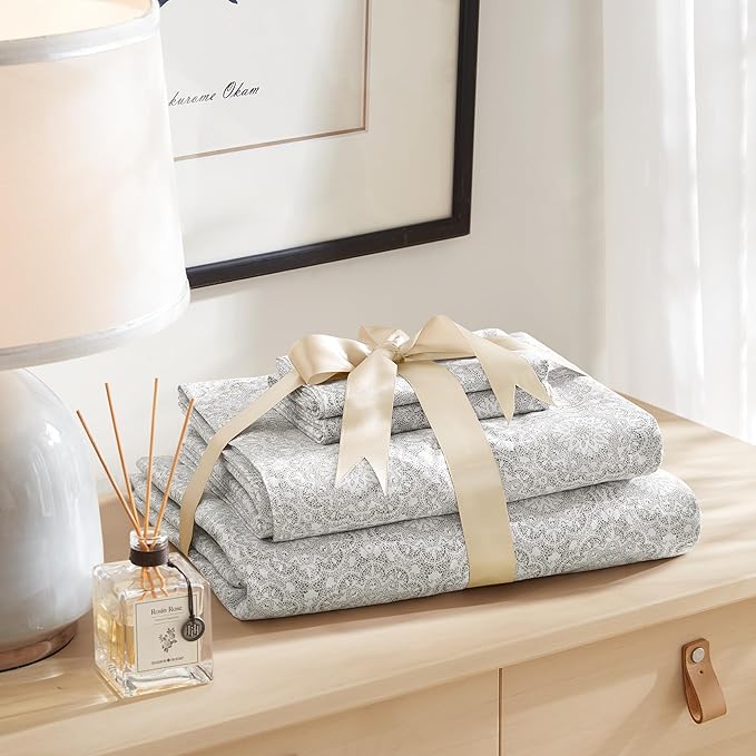 Comfort Spaces Extra Deep Pocket, 100% Cotton King Fits up to 24" Mattress, Breathable, Naturally Cool, Soft, All Seasons Sheet Set, Adelia Grey 4 Piece
