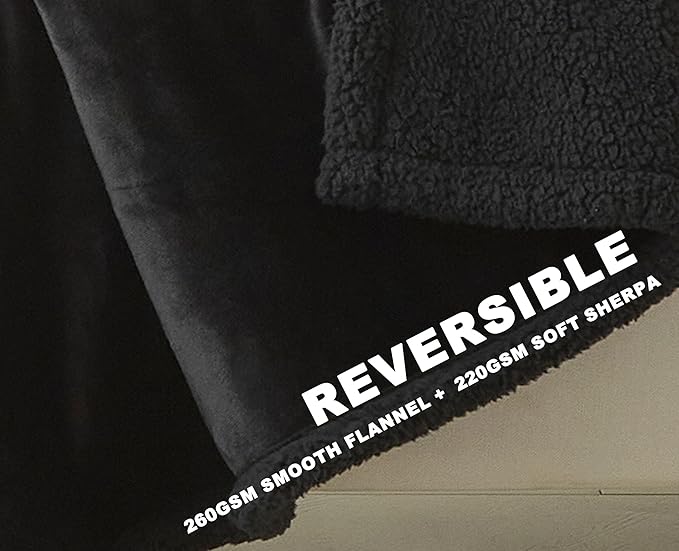 Black Sherpa Fleece Throw Blanket, Super Soft Fuzzy Flannel Blanket for Couch, Thick Warm Reversible Plush Blankets, Oeko-TEX Certified, Valentine’s Day Gifts, Black 50x60 Inches