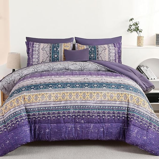 Cottolester Boho Full Comforter Set 8 Pieces,Violet Bohemian Striped Bed in a Bag, Paisley Soft Microfiber Bedding Comforter Set