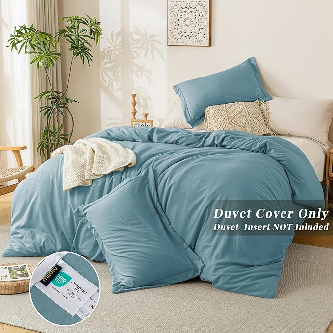 MILDLY Super Soft Duvet Cover 2pcs - 100% Washed Microfiber Grayish Blue Comforter Cover Set with Zipper Closure & Corner Ties (No Comforter)