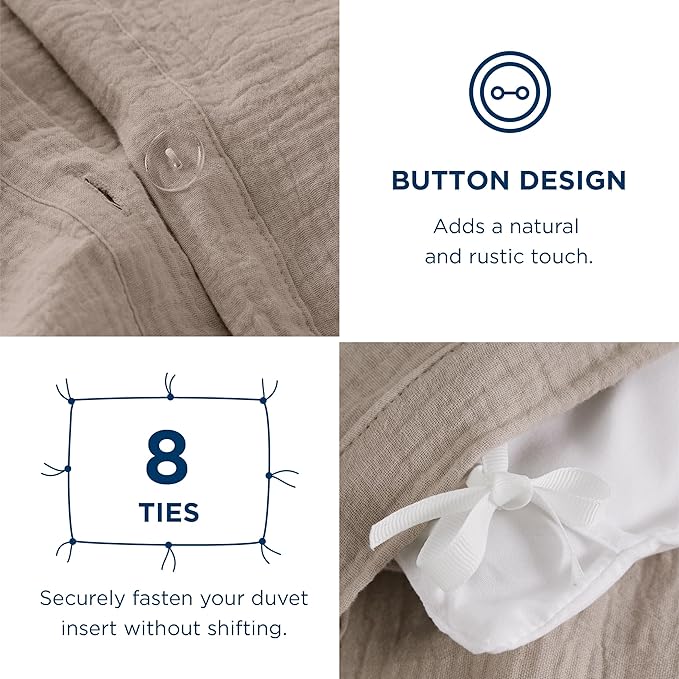 Bedsure 100% Muslin Cotton Duvet Cover King Size - Ultra-Soft, Breathable & Lightweight - Linen Like Gauze Comforter Cover Set with Button Closure and Corner Ties (Khaki, King, 104"x90")