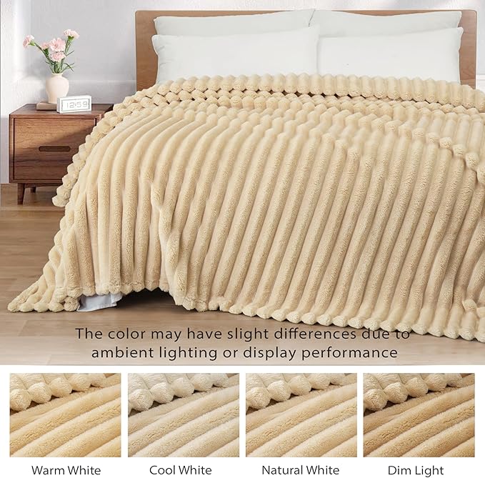 Exclusivo Mezcla Twin Size Flannel Fleece Blanket, Super Soft Striped Jacquard Bed Blanket, Lightweight Fuzzy Cozy for All Seasons, 60x80 Inches, Beige