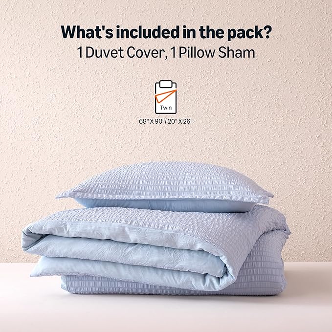 Amazon Basics Duvet Cover Set Jacquard Geometric Microfiber 2-Piece, with 1 Duvet Cover and 1 Pillow Sham, Comforter Not Included, Twin, Blue Striped