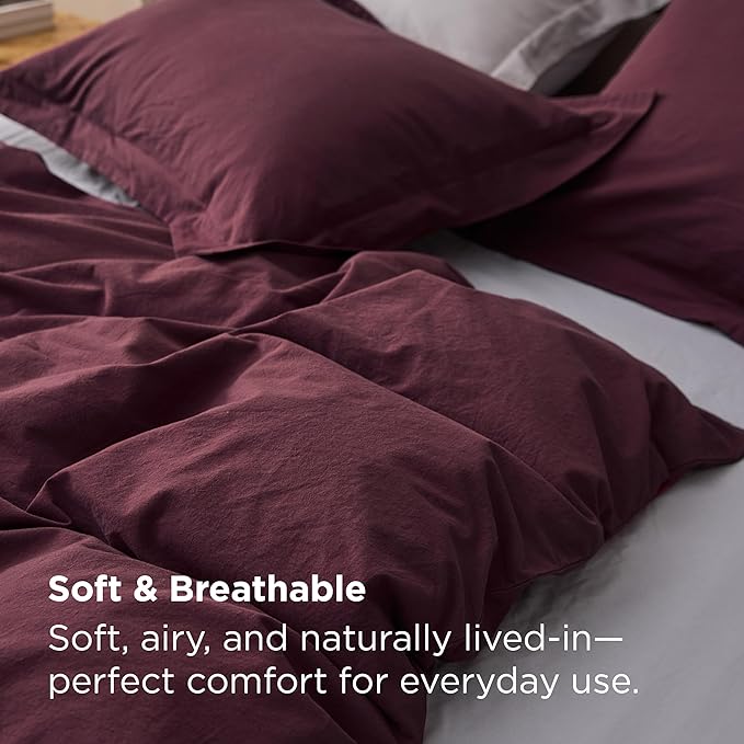 Bedsure 100% Washed Cotton Duvet Cover King Size - Burgundy Minimalist Cotton Duvet Cover Linen Like for All Seasons - GentleSoft™ Plain Simple Bedding (Burgundy, King, 104"x90")