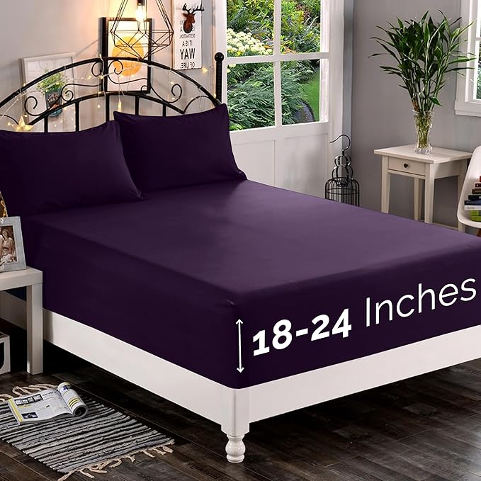 Elegant Comfort 1500 Premium Quality Fitted Sheet Ultra Soft 18-24 Inch Extra Deep Pocket - Single Fitted Sheet for High Mattress - Wrinkle Free with Smart Storage Pockets, Twin/Twin XL, Purple