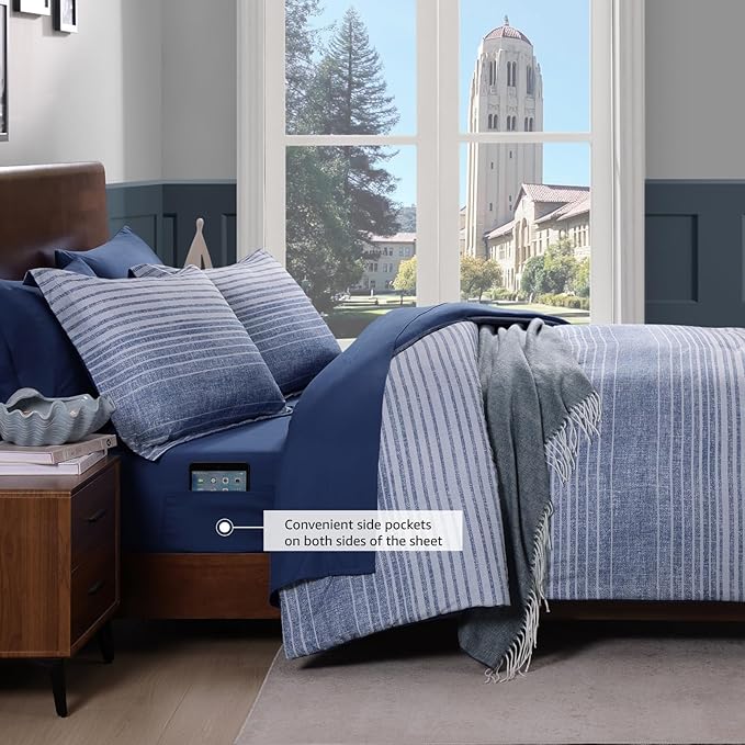Full Comforter Sets Striped, Ocean Blue Coastal Bedding Set 7 Pieces for Boys Girls Teen, All Season Bed in a Bag for Dorm with Sheets, Pillowcases & Shams