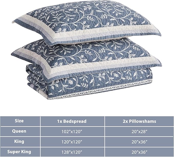 Oversized Queen Bedspread Set - 100% Cotton Lightweight Quilted Coverlet - Soft Reversible Bedding, Botanical Floral Design - Includes 1 Bedspread (102x120) & 2 Pillow Shams - Grayish-Blue