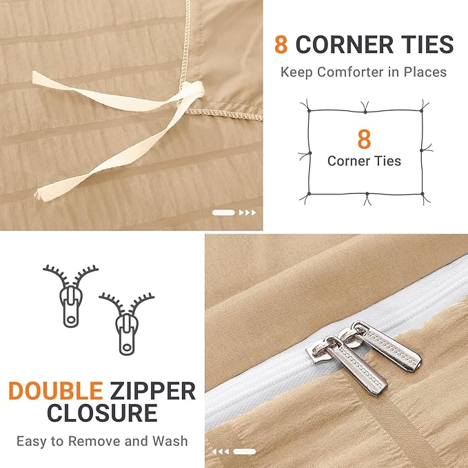 HYMOKEGE Khaki Duvet Cover Queen Size, Ultra Soft 3-Piece Seersucker Duvet Cover Set with Zipper Closure, Soft Brushed Microfiber Bedding Set with 8 Corner Ties (90"x90", 2 Pillowshams)