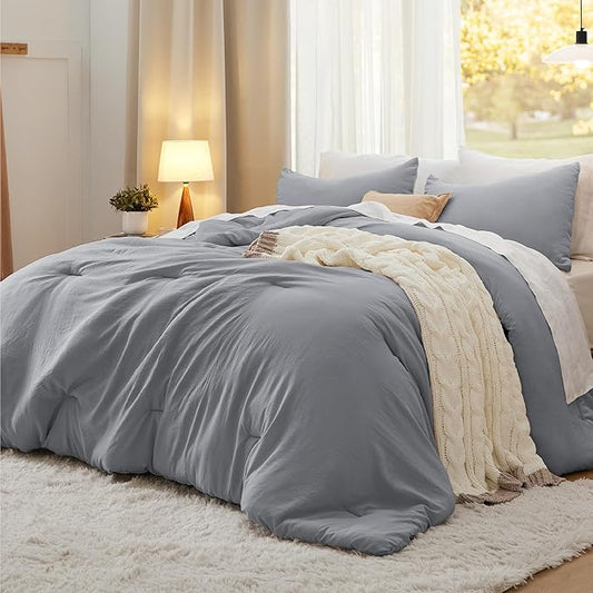 Bedsure Full Comforter Set, Grey Soft Prewashed Bedding for All Seasons, 3 Pieces GentleSoft™ Bed Set, 1 Lightweight Comforter (82"x86") and 2 Pillowcases (20"x26")