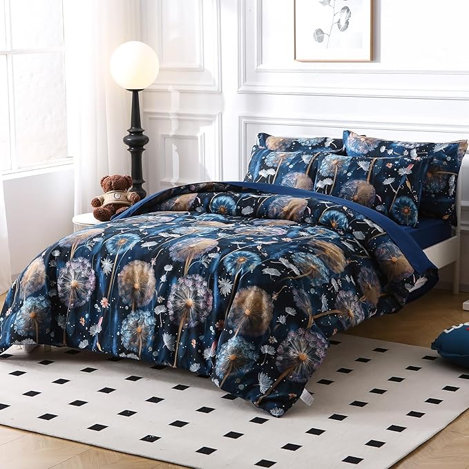 Glow in The Dark Kids Comforter Set, 7 Pieces Blue Dandelion Bedding Set Full Size for Boys Girls Teen, 1 Comforter, 2 Pillowcases, 2 Pillow Shams, 1 Flat Sheet, 1 Fitted Sheet