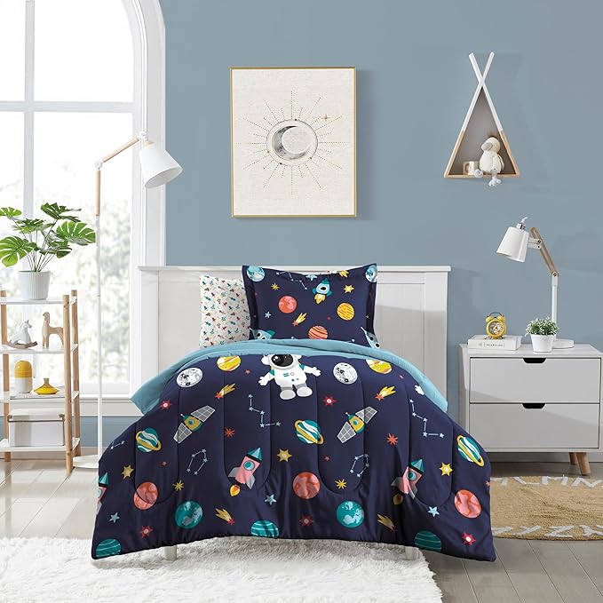 Dream Factory Kids 5-Piece Complete Bed Set Easy-Wash Super Soft Microfiber Comforter Bedding, Twin, Blue Space Galaxy