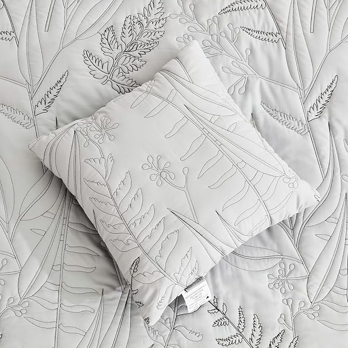Botanical Oversized Bedspread Queen Size - Leaves Pattern Stitching Quilt Set - Elegant & Fresh Style Bedding Coverlets, Reversible, Lightweight, 5 Piece, Grey