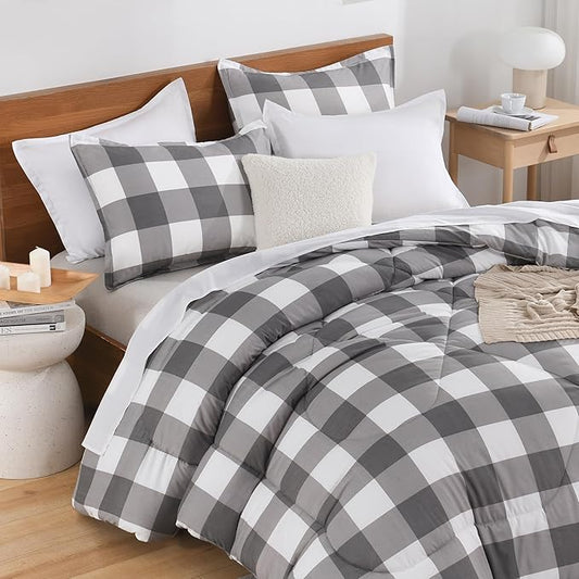 Andency Plaid Comforter Full(79x90Inch), Gray White Checkered Gingham Buffalo Bed Set for Boys Teens, Lightweight Bedding, 3 Pieces(1 Comforter & 2 Pillowcases)