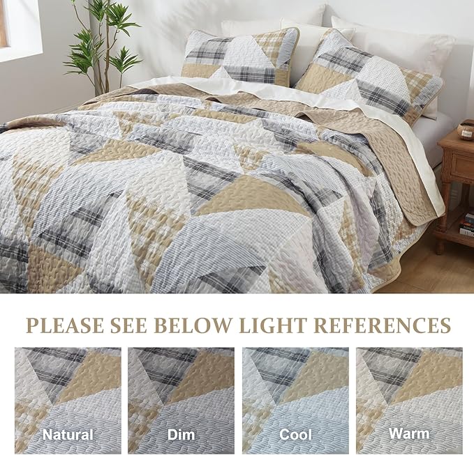 Annibedding Patchwork Quilt Set King Size, Brown Geometric Bedspread with 2 Pillow Shams, Soft Lightweight Plaid Patchwork Bedding Quilt Set for All Season (King, 110''x90'')