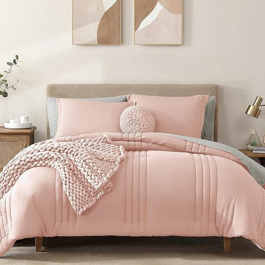 Monbix Twin XL Size Comforter Set - Extra Long 5 Pieces Dorm Bedding Sets, Quilting Design Fluffy Bed in a Bag Twin XL with Sheets, Pillowcase & Sham(Light Pink)
