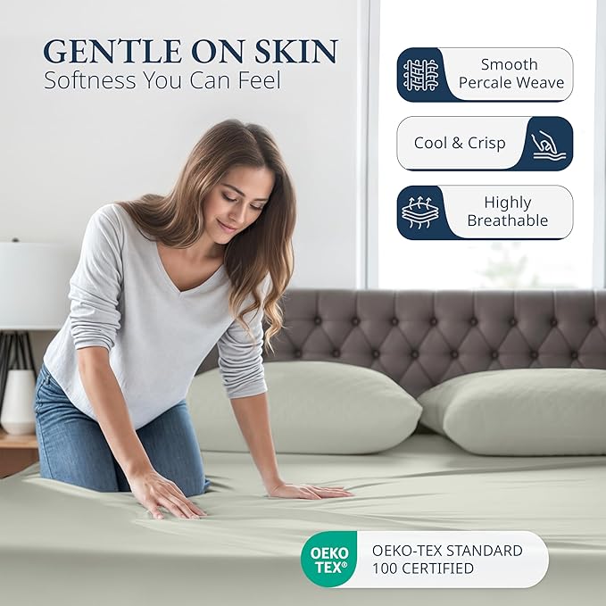 LANE LINEN 100% Organic Cotton Twin Fitted Sheet & Pillowcase Set, Percale Weave, Breathable, Fits Mattress Up To 15" Deep - Mineral
