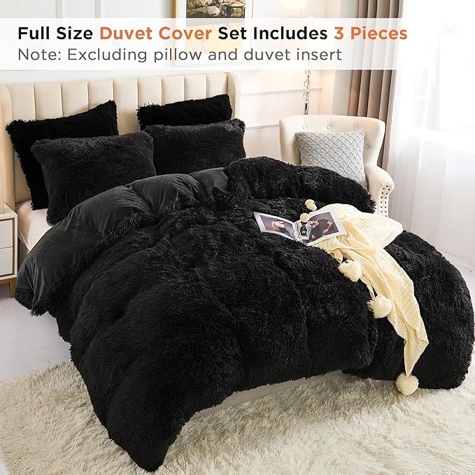 annadaif Plush Shaggy Duvet Cover, Black Fluffy Comforter Cover Set Full Size, Fuzzy Faux Fur Bedding Set with Zipper Closure, Luxury Ultra Soft 3 Pieces (1 Duvet Cover, 2 Pillowcases)