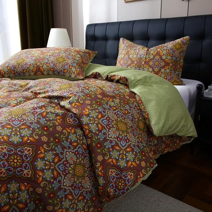 ABREEZE Bohemian Duvet Cover Set Colorful Boho Retro Bedding Set Damask Paisley Cotton Duvet Cover Tribal Reversible Bedding Exotic Style Comforter Cover 3-Piece King