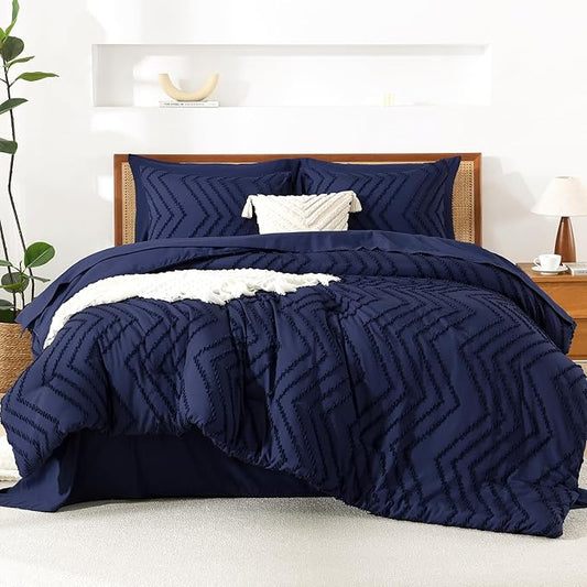 Litanika Full Size Comforter Set with Sheets Navy Blue - 7 Pieces Bed in a Bag Full Chevron Tufted Complete Bedding Sets with Comforter, Sheets, Pillowcases & Shams