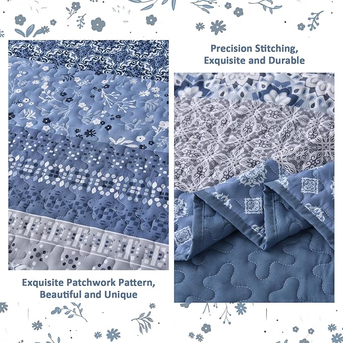 WONGS BEDDING Boho Quilt Set Queen, Blue Bohemian Striped Patchwork Summer Bedspread Coverlet Set with 2 Pillowcases,Lightweight Microfiber Floral Bedding Set 96"×90"