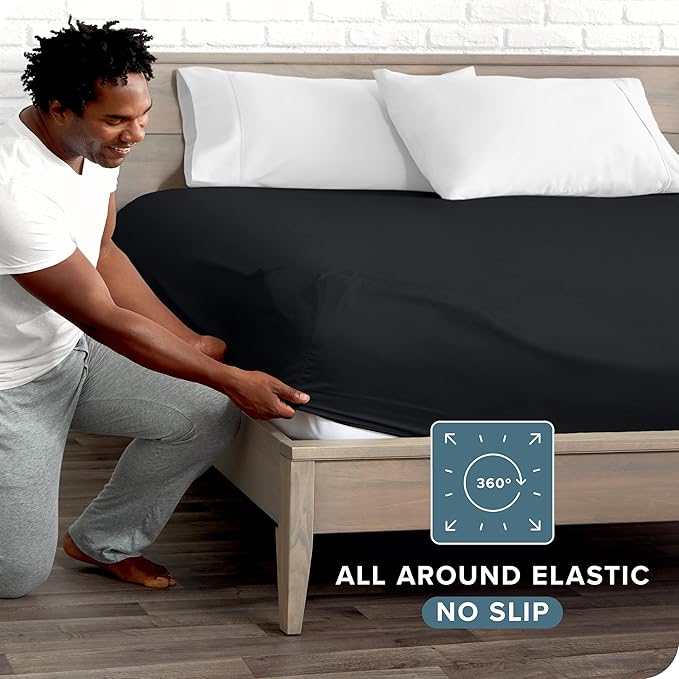 Bare Home Fitted Bottom Sheet Split Head Flex King Size - Premium 1800 Microfiber - Ultra-Soft Hotel Luxury - Deep Pocket - Durable and Long Lasting (Split Head Flex King, Black)