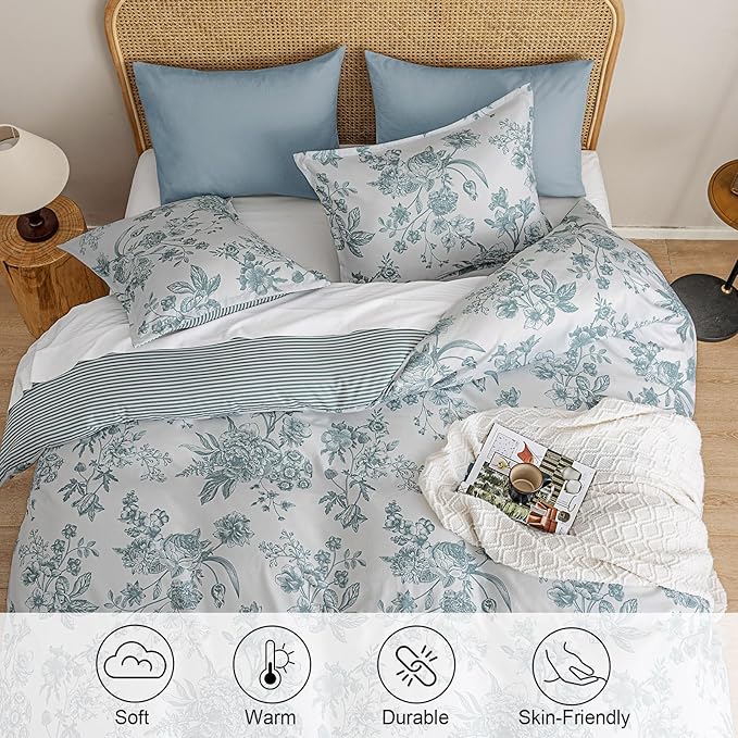 PHF Ultra Soft Floral Duvet Cover King Size, Printed Bedding Set 3 Pieces, Comfy Farmhouse Pattern Duvet Cover Set with 2 Pillow Shams, Zipper Closure and 8 Ties, 104"x90", Flower-Blue
