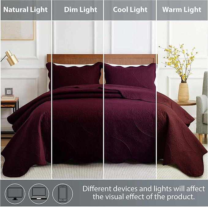 MOONLIGHT20015 8 Pack Quilt King Size Bedding (106" x 96") - Bulk Wholesale for Hotels, Guest Bedroom & Airbnbs - Lightweight Microfiber Reversible Floral Embossed Quilts Bedspreads (Burgundy)