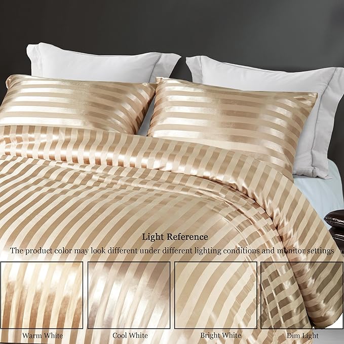 Whale Flotilla 2-Piece Reversible Silky Soft Twin Size Comforter Set, Luxury Stripe Satin Comforter Bedding Set with Satin Pillowcase, Lightweight Duvet for All Seasons, Champagne