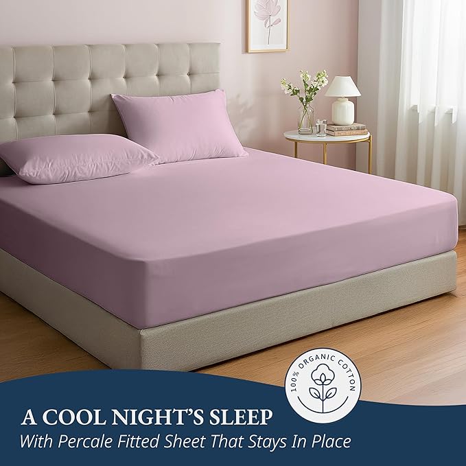 LANE LINEN Twin XL Fitted Sheet, 100% Organic Cotton 2-Piece Set (1 Fitted Sheet, 1 Pillowcase), Percale Weave, Bottom Sheet, Soft, Breathable, Fits Mattress Upto 15" Deep - Lilac (No Flat Sheet)