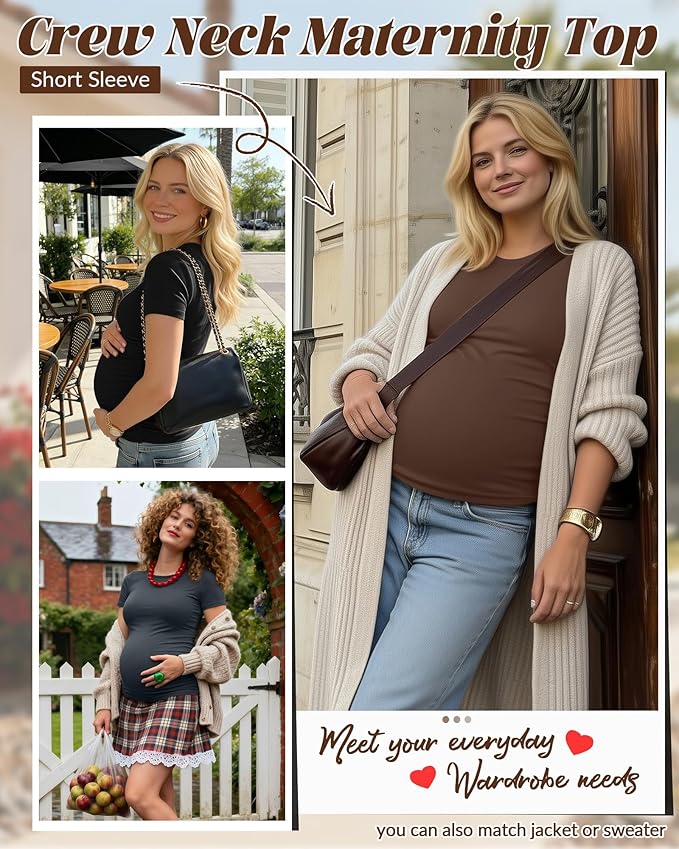 Huukeay 4 Pack Women's Maternity Shirts, Crew Neck Maternity Top Short Sleeve Casual Cotton Tee Side Ruched Pregnancy Clothes