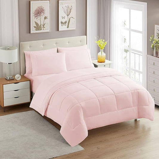 Sweet Home Collection 7 Piece Comforter Set Bag Solid Color All Season Soft Down Alternative Blanket & Luxurious Microfiber Bed Sheets, Pale Pink, Full