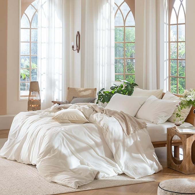 MooMee Bedding Duvet Cover Set 100% Washed Cotton Linen Like Textured Breathable Durable Soft Comfy (Solid Off White, King 104"x90")
