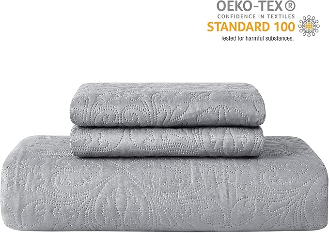 Hansleep Grey Quilt Twin Size - Baroque Ultrasonic All Season Bedspread Twin, Soft Lightweight Coverlet Bedding Set, 2 Pieces (1 Quilt, 1 Pillow Sham)