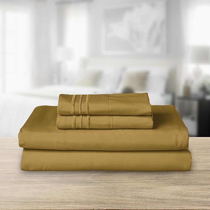 Elegant Comfort Luxurious 1500 Premium Hotel Quality Microfiber Three Line Embroidered Softest 4-Piece Bed Sheet Set, Wrinkle and Fade Resistant, Twin/Twin XL, Bronze