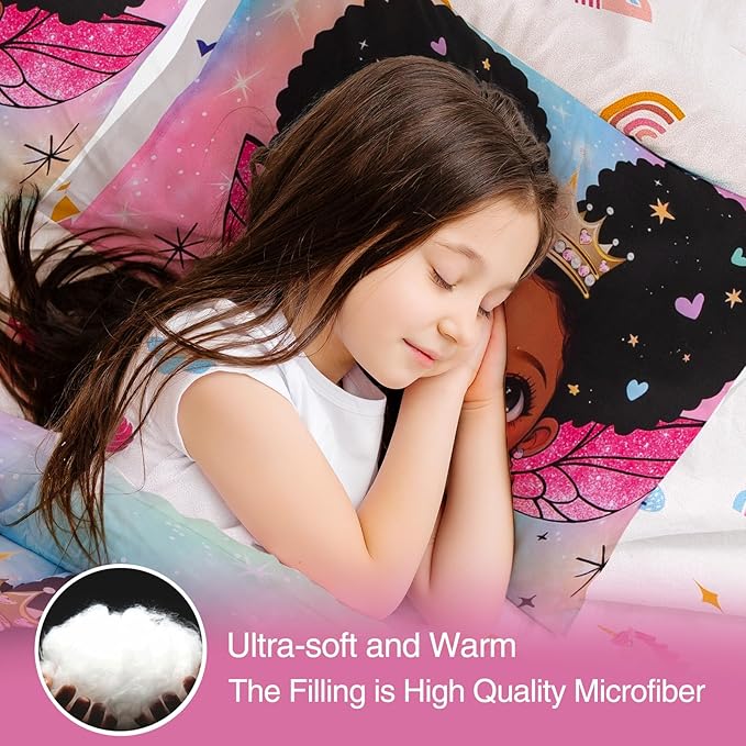 A Nice Night Black Girl Princess with Wings Comforter Set,Pink Gradient Glitter Rainbow Galaxy 6pcs Kids Bedding Set,Queen