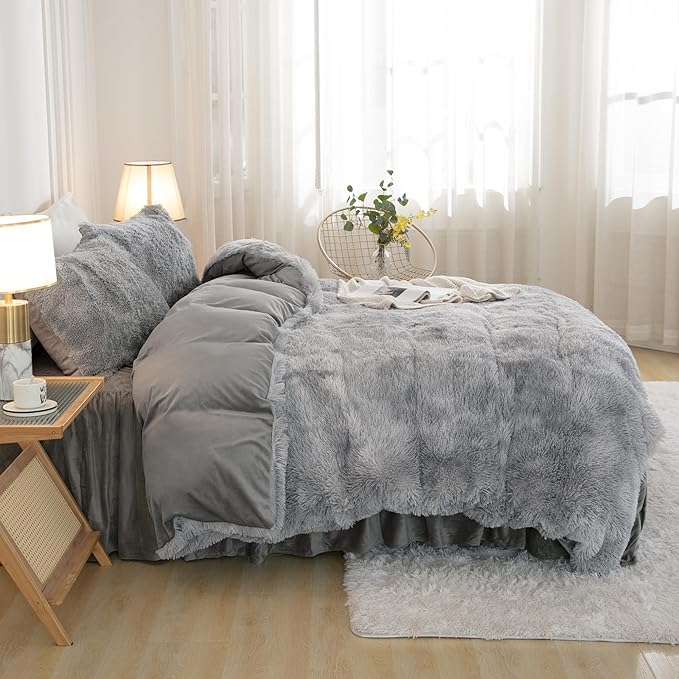 annadaif Plush Shaggy Duvet Cover, Tie Dye Gray White Fluffy Comforter Cover Set Full Size, Fuzzy Faux Fur Bedding Set with Zipper Closure, Luxury Ultra Soft 3 Pieces (1 Duvet Cover, 2 Pillowcases)