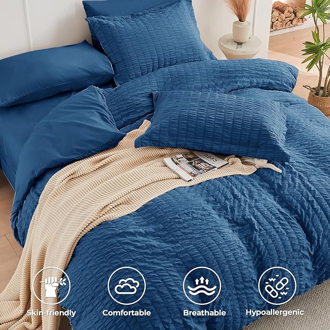 HYMOKEGE Teal Duvet Cover Full Size, Ultra Soft 3-Piece Seersucker Duvet Cover Set with Zipper Closure, Soft Brushed Microfiber Bedding Set with 8 Corner Ties (80"x90", 2 Pillowshams)