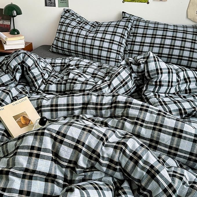 mixinni Vintage Grey & Pale Blue Buffalo Plaid Duvet Cover Set Queen Size - 3 Piece Washed Cotton Bedding Set with Grid Pattern, Soft & Breathable Duvet Cover with Pillowcases for Boys, Men& Women