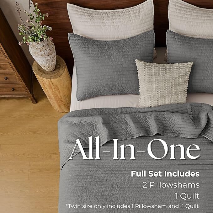 DOWN HOME Cali King Quilt Bedding Set with Shams, Vintage Washed Quilted Blanket Thin Comforter Lightweight Bedspread Coverlet Bed Cover, Brushed Microfiber Stripe Stitching, Ash Gray, 111"x92"