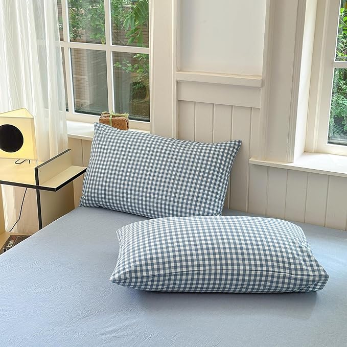 Gingham Duvet Cover King 100% Washed Cotton Blue Plaid Duvet Cover 3 Pieces Boho Grid Comforter Cover with 2 Pillowcases Luxury Soft Gingham Bedding Set Buffalo Grid Duvet Cover King Size