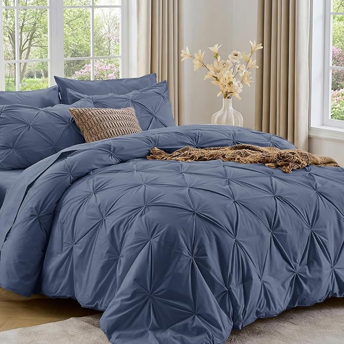Sasttie Twin XL Comforter Set, 5-Piece Bed in a Bag, Pintuck Bedding Sets for All Season, Includes Comforter, Flat Sheet, Fitted Sheet, Pillowcase and Pillowsham, Indigo Blue