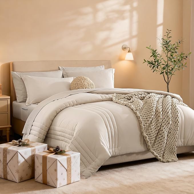 Monbix Twin XL Size Comforter Set - Extra Long 5 Pieces Dorm Bedding Sets, Quilting Design Fluffy Bed in a Bag Twin XL with Sheets, Pillowcase & Sham(Apricot Beige)